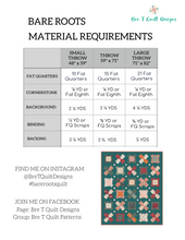 Load image into Gallery viewer, Material requirements for Bare Roots quilt patterns, featuring sizes and fabric specifications.