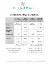 Load image into Gallery viewer, Material requirements for quilt patterns including fat quarters, yardage for various sizes and colors.