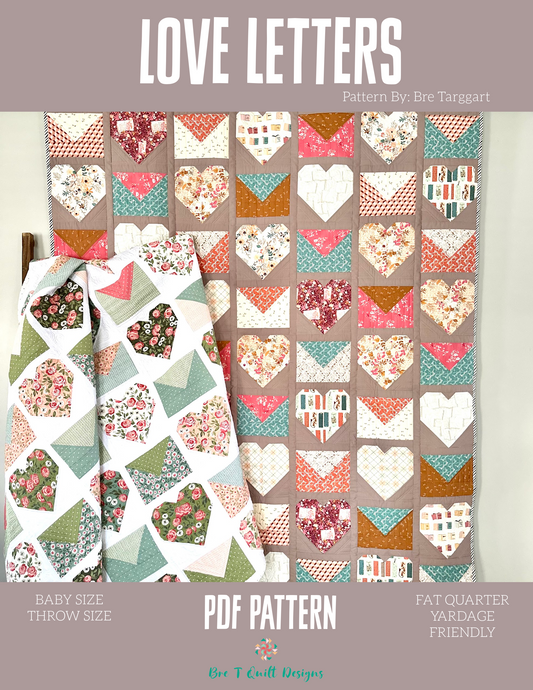 Love Letters quilt PDF pattern in pastel colors, baby and throw size, fat quarter friendly design.