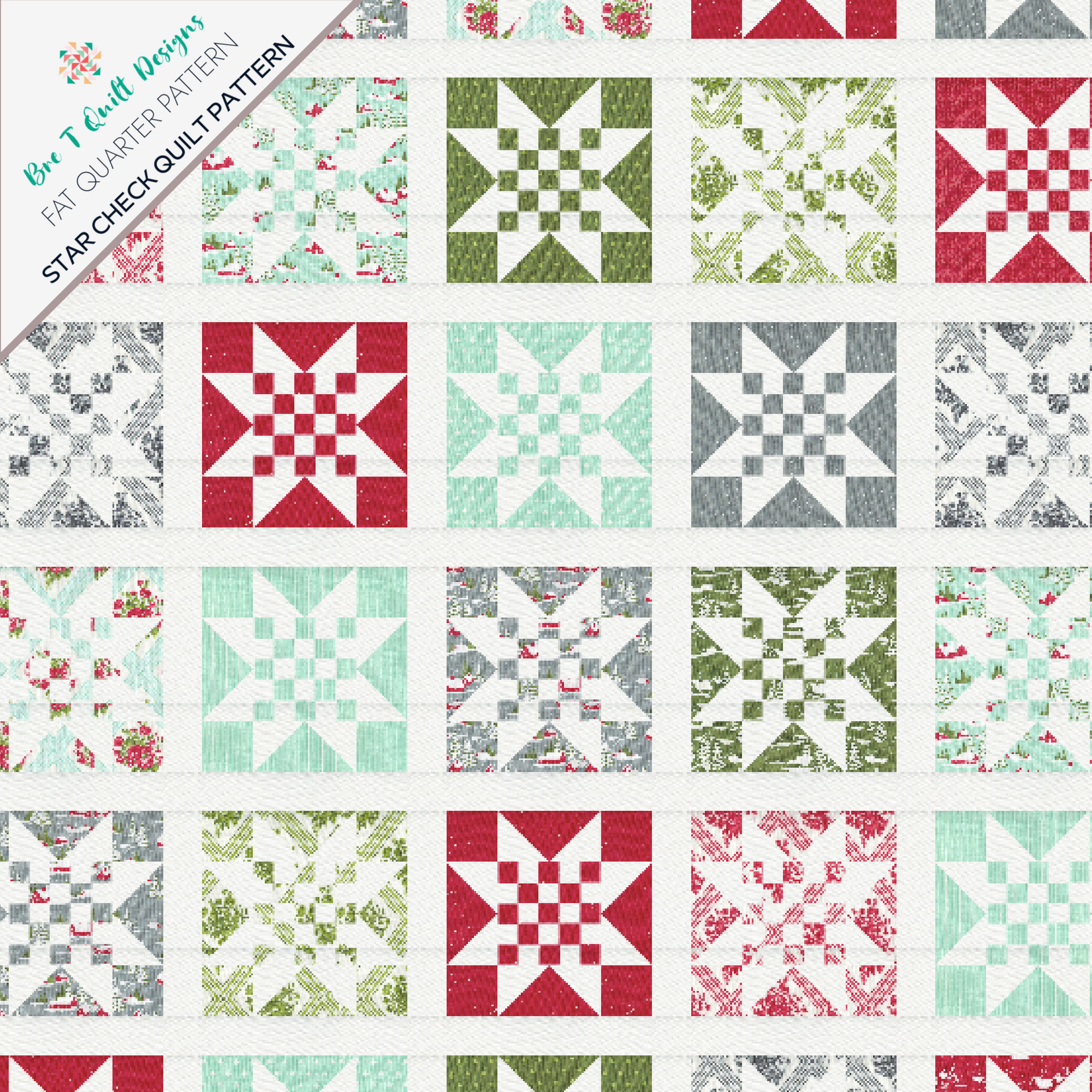 Star Check quilt pattern featuring colorful blocks in red, green, and aqua, perfect for fat quarters.