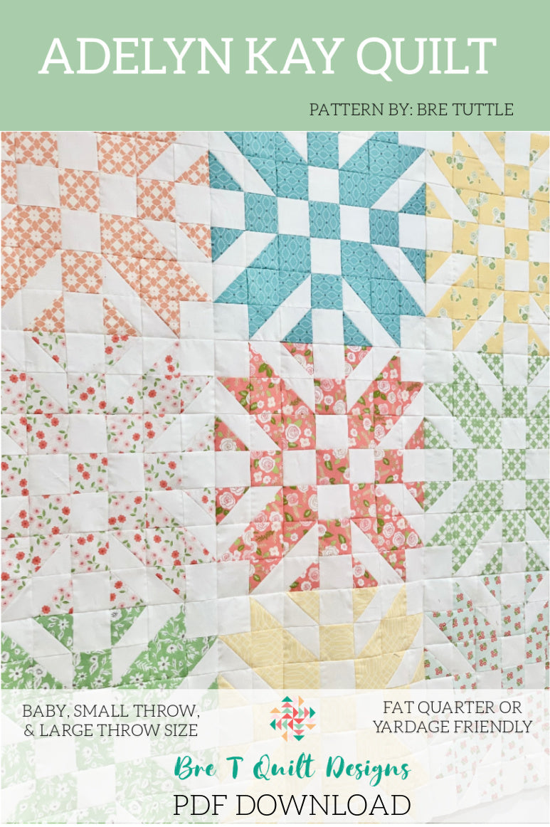 Adelyn Kay Quilt pattern by Bre Tuttle, colorful floral design, perfect for baby, small, or large throws.