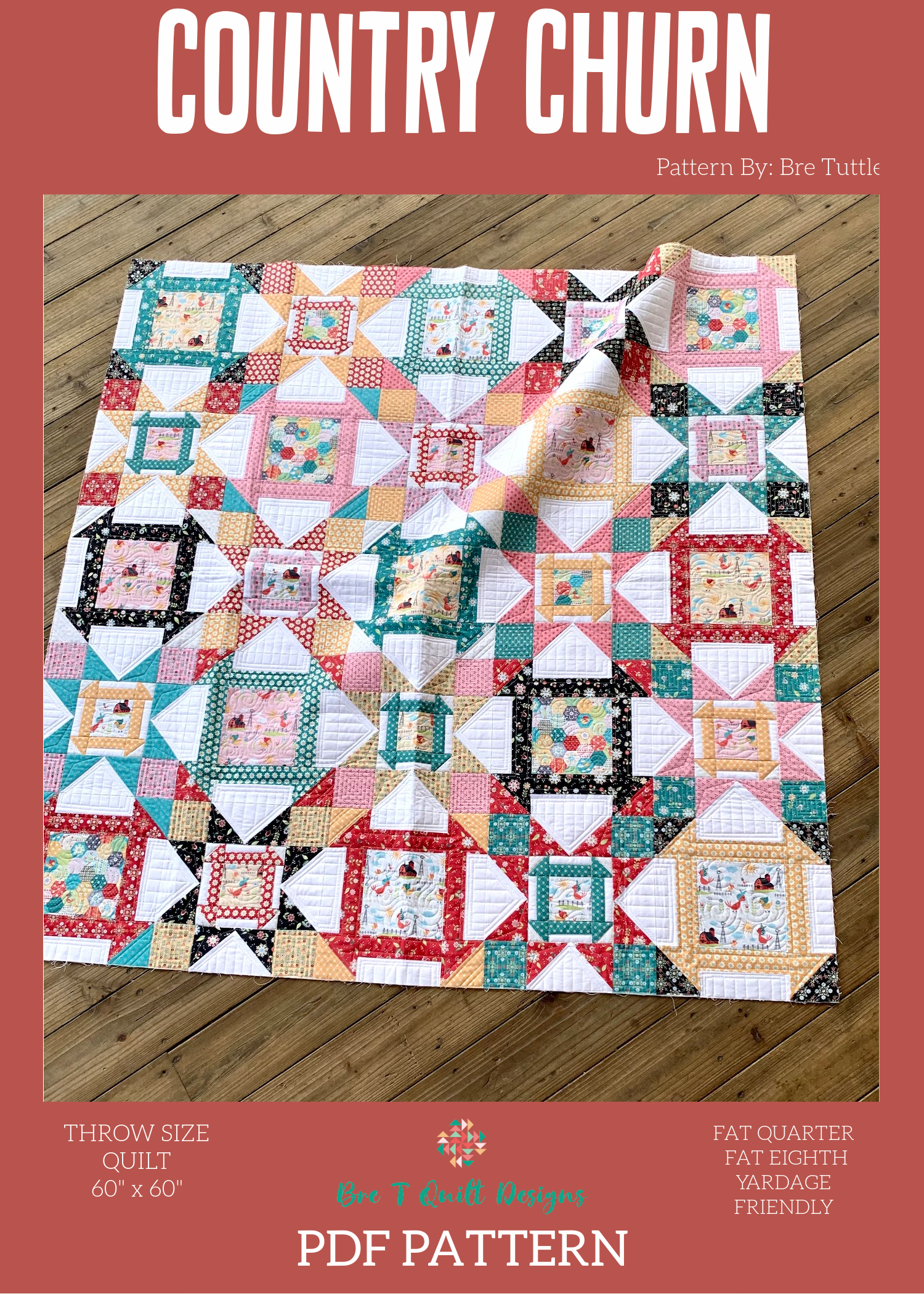 Country Churn throw size quilt pattern, 60" x 60", featuring colorful patchwork design, PDF format.