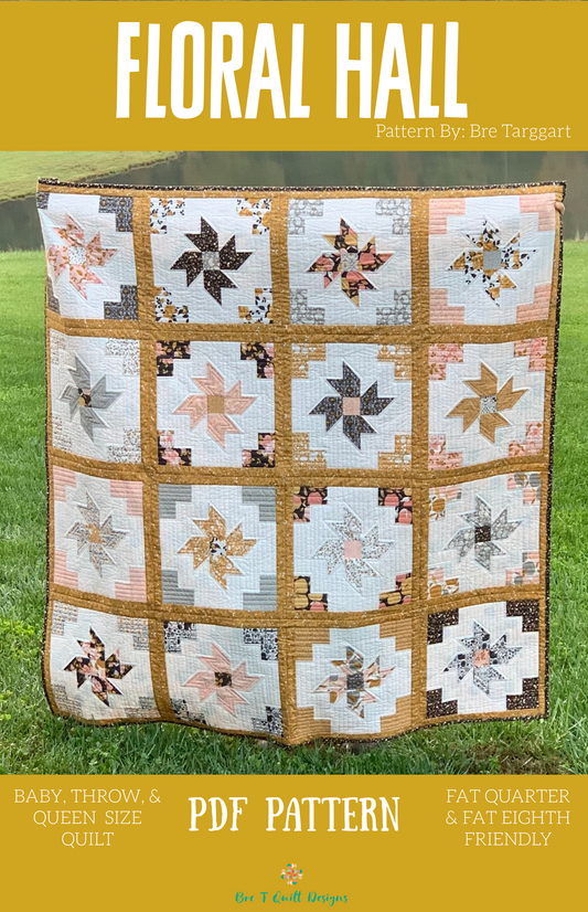 Floral Hall quilt pattern in pastel colors, suitable for baby, throw, or queen size quilts, PDF format.