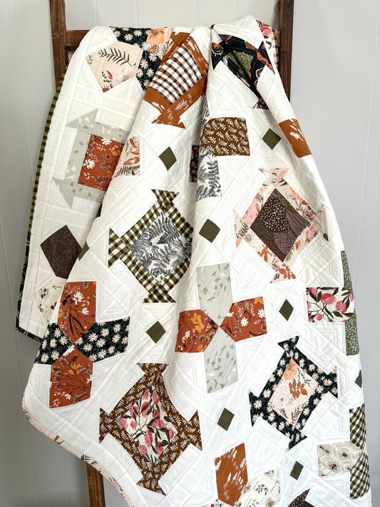 Colorful patchwork quilt featuring floral and checkered patterns, perfect for home decor or cozy warmth.