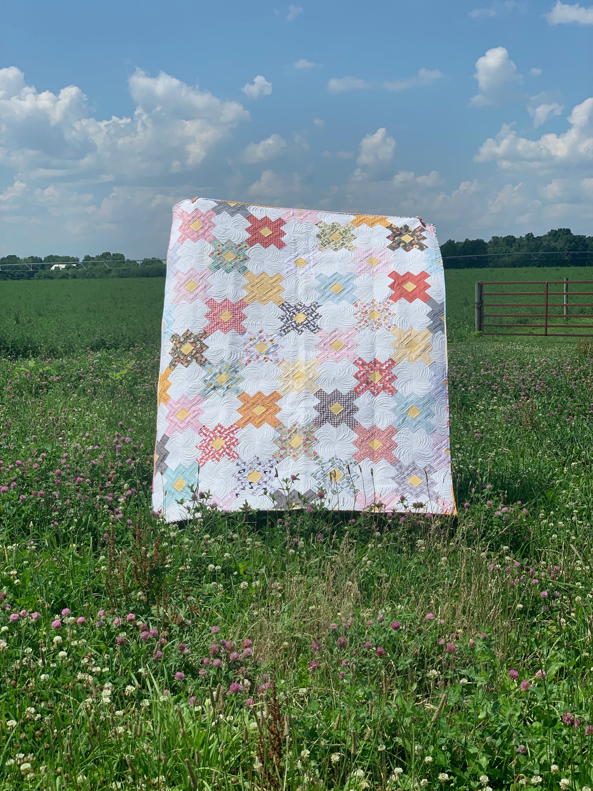 Colorful quilt featuring floral patterns on a sunny field backdrop, perfect for home decor and cozy nights.