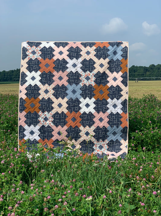 Colorful quilt featuring geometric patterns in navy, pink, and orange, beautifully displayed in a field.