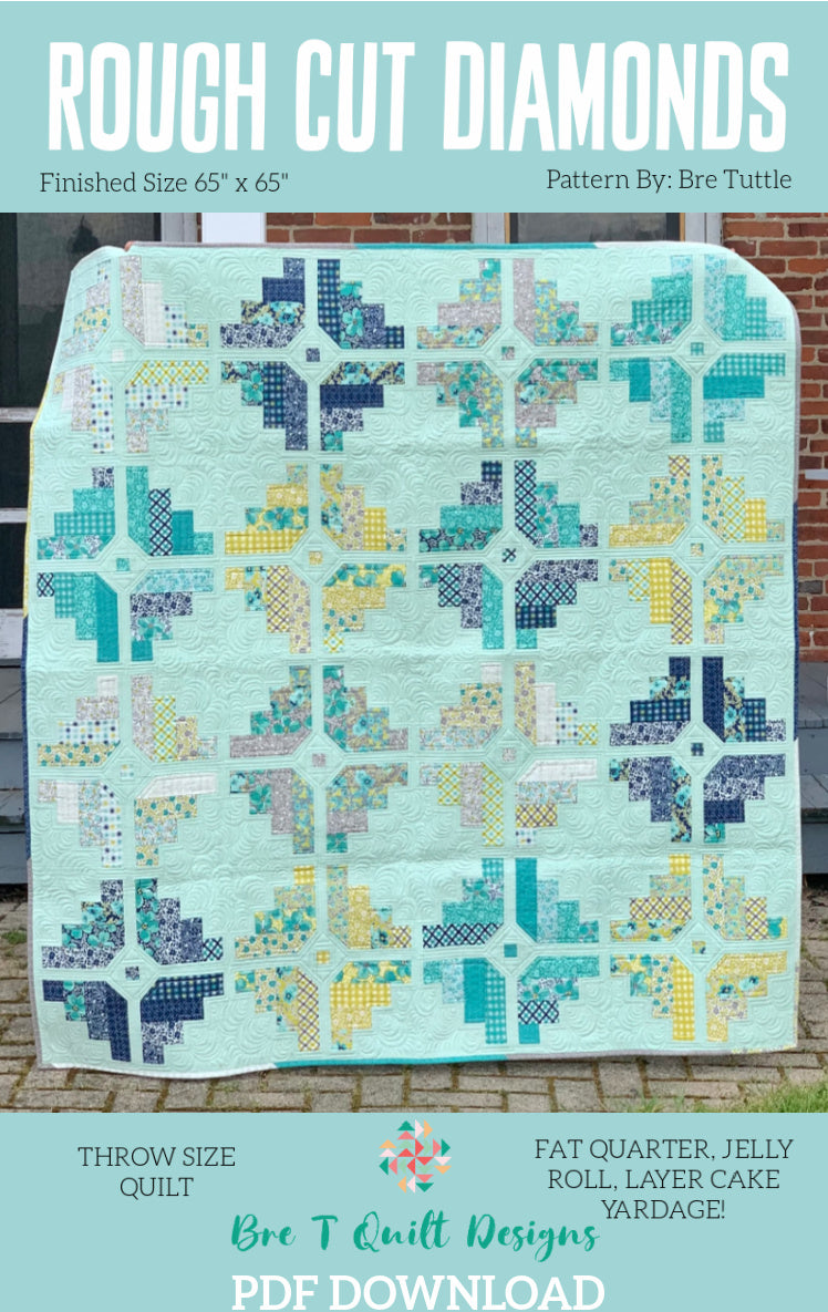 Rough Cut Diamonds quilt, throw size 65" x 65", features teal, yellow, and navy colors, PDF pattern by Bre Tuttle.