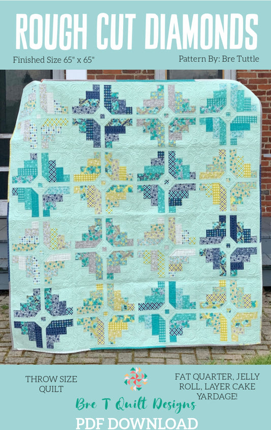 Rough Cut Diamonds quilt, throw size 65" x 65", features teal, yellow, and navy colors, PDF pattern by Bre Tuttle.