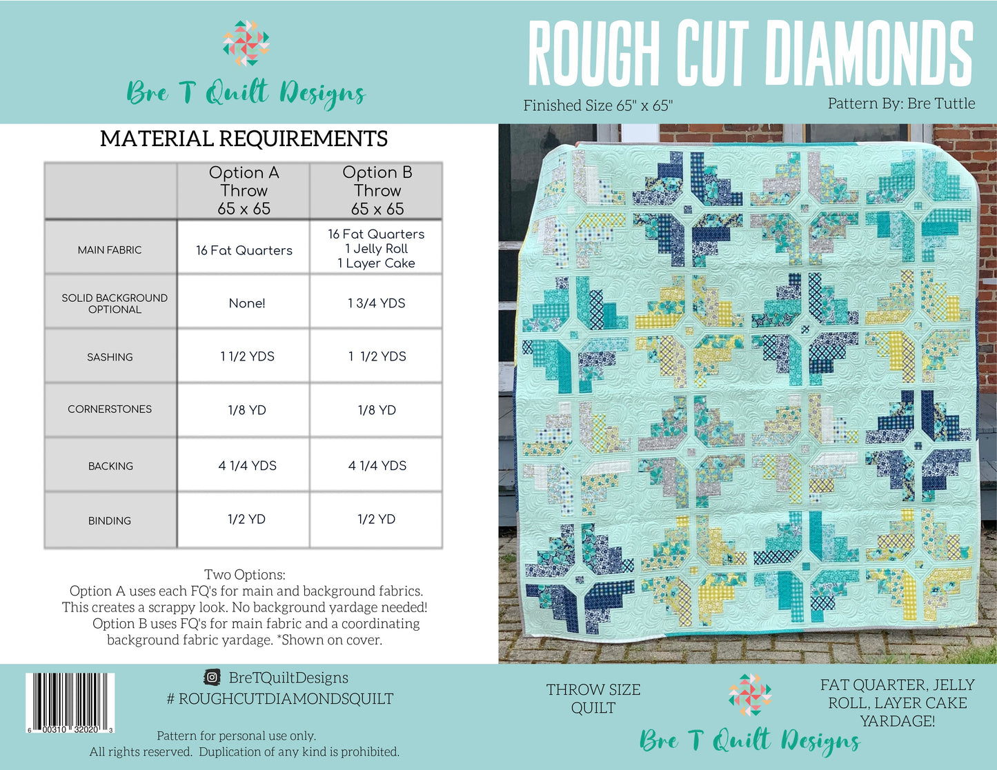 Rough Cut Diamonds throw quilt, 65" x 65", featuring colorful fat quarters on a mint background.