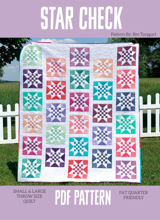 Colorful star pattern quilt PDF, suitable for small and large throw sizes, fat quarter friendly.
