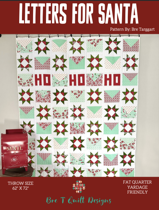 Christmas quilt 'Letters for Santa', throw size 62" x 72", features red and mint, fat quarter friendly.