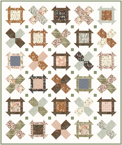 Colorful quilt with floral patterns, squares, and geometric designs in warm tones and greens.