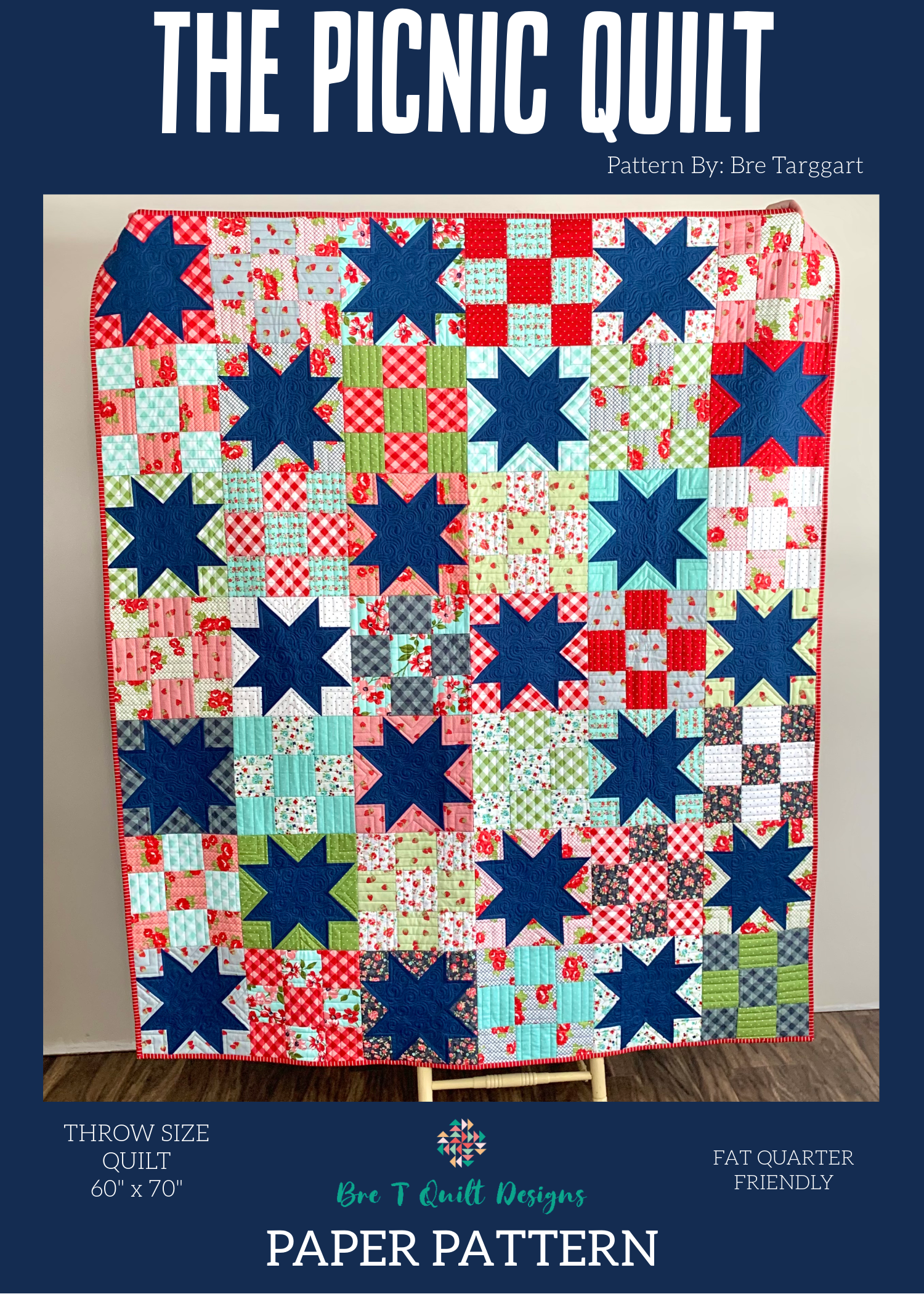 Colorful throw size quilt pattern, 60" x 70", featuring stars in blue, red, and green, fat quarter friendly.