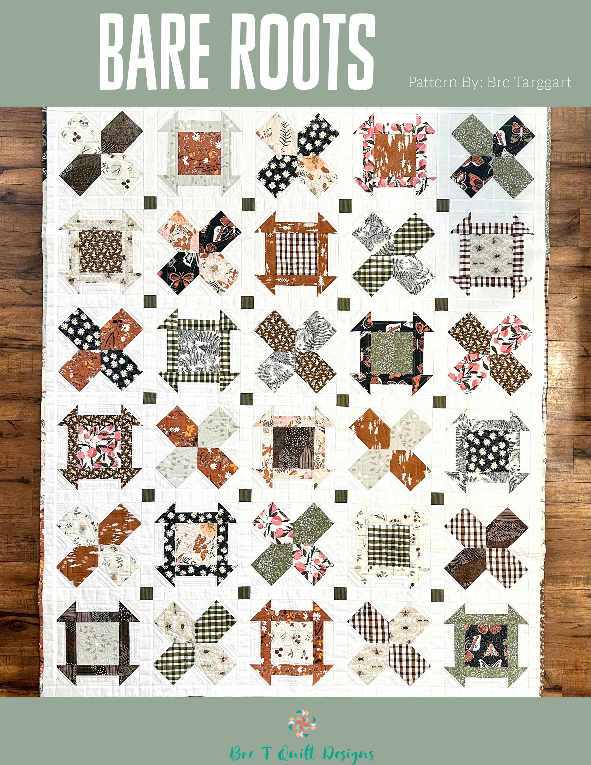Bare Roots quilt featuring floral and checkered patterns in earthy tones, quilted design by Bre Targgart.